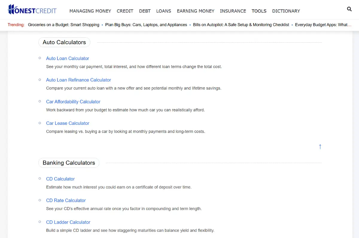 HonestCredit Financial Calculators screenshot 1