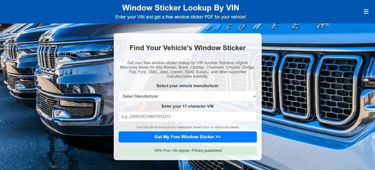 Window Sticker Lookup By VIN product image