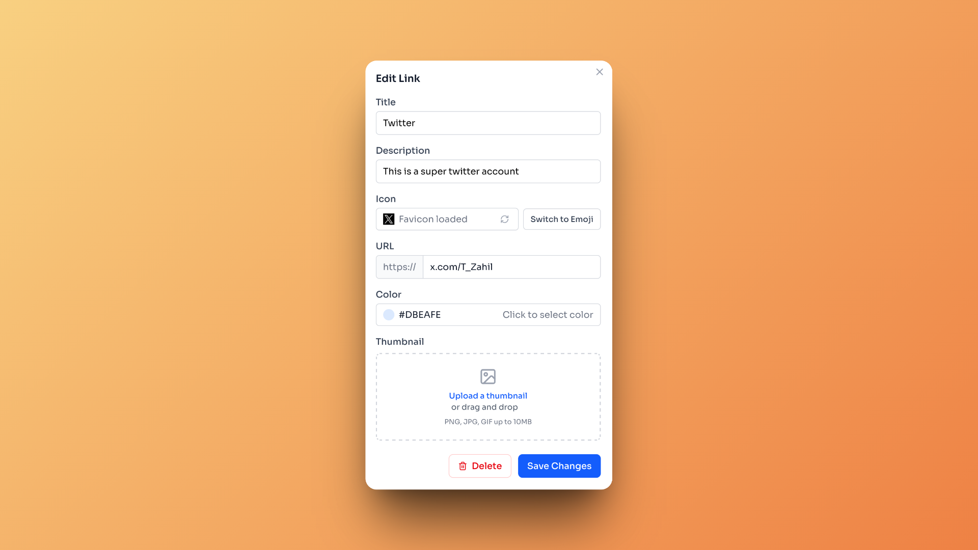 Detailed link editing interface with multiple customization options