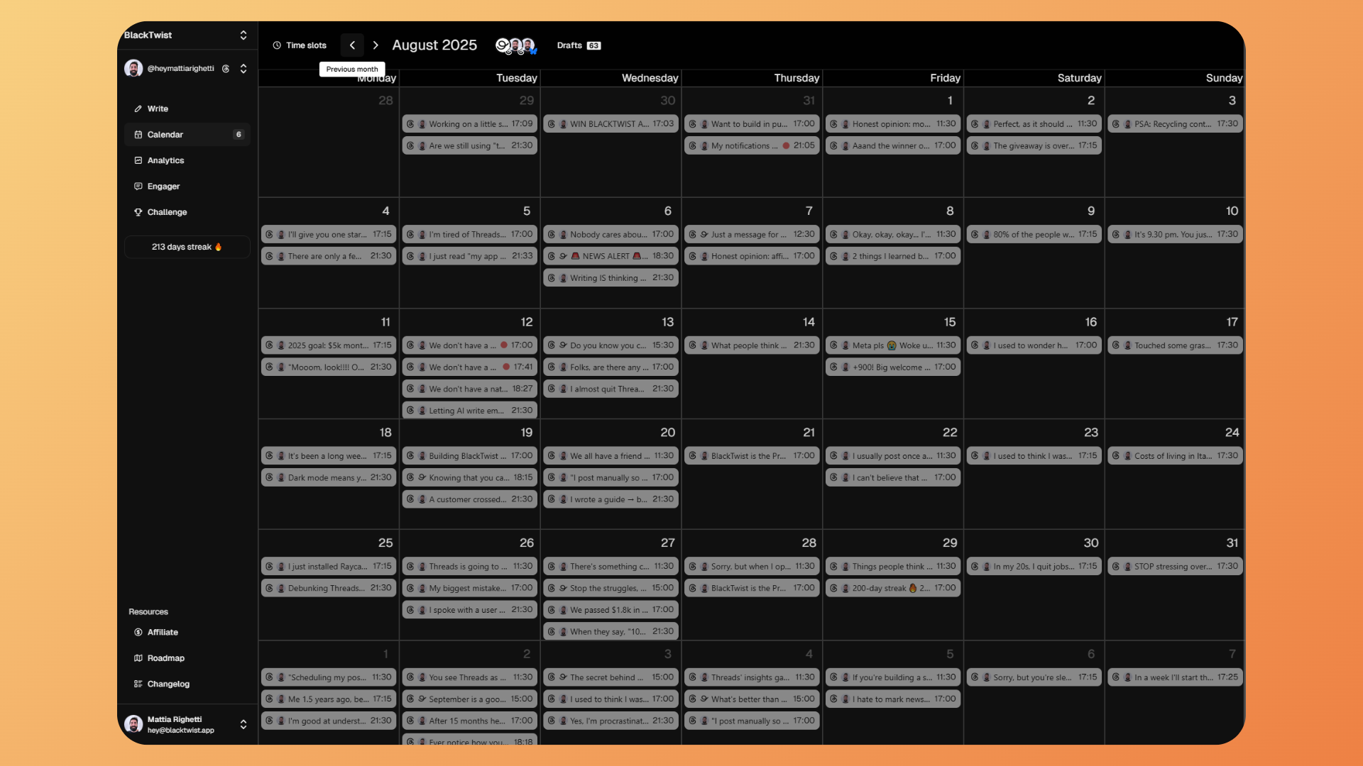 The Calendar view (Click on it!)