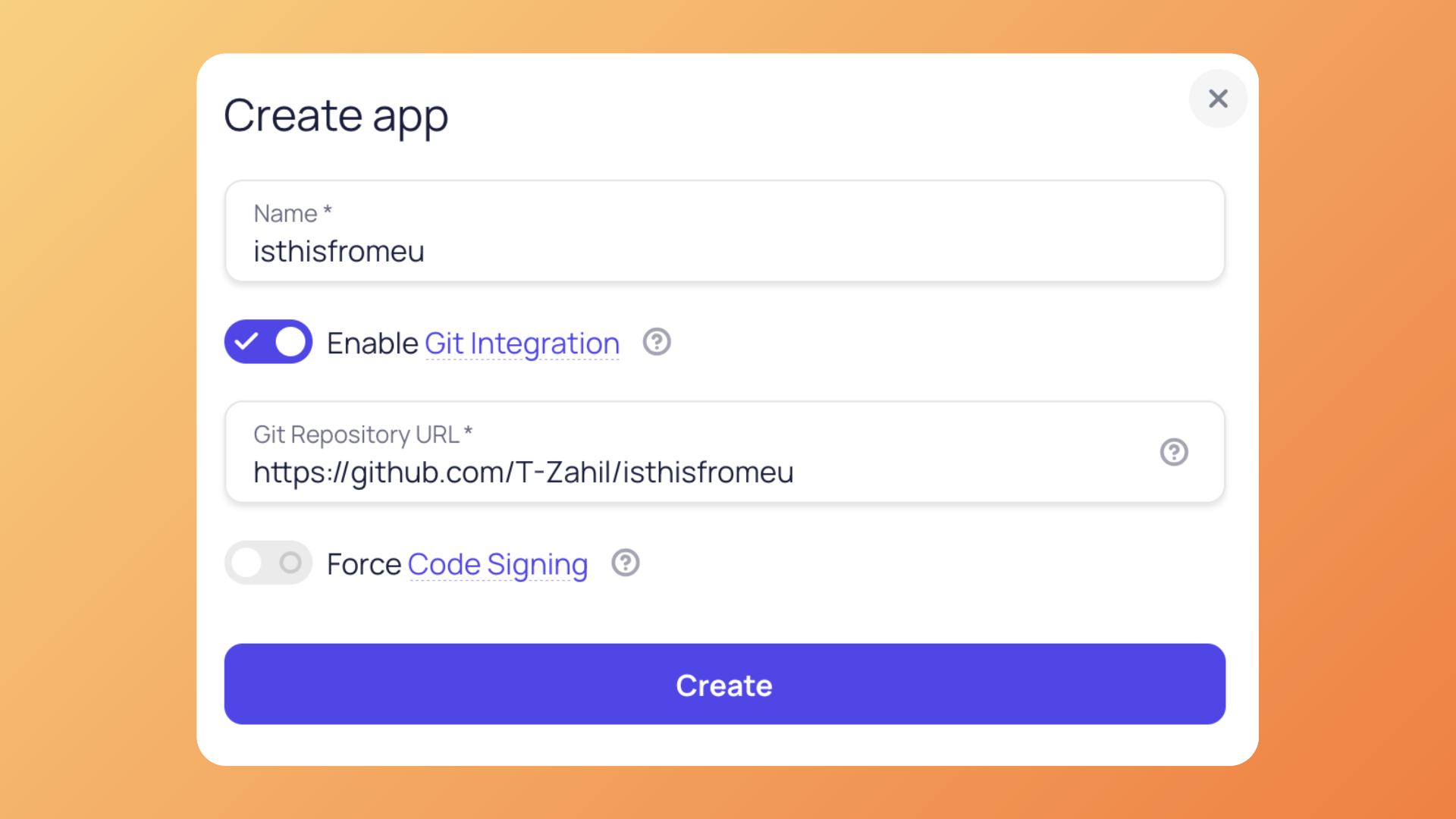 App creation with Git integration options