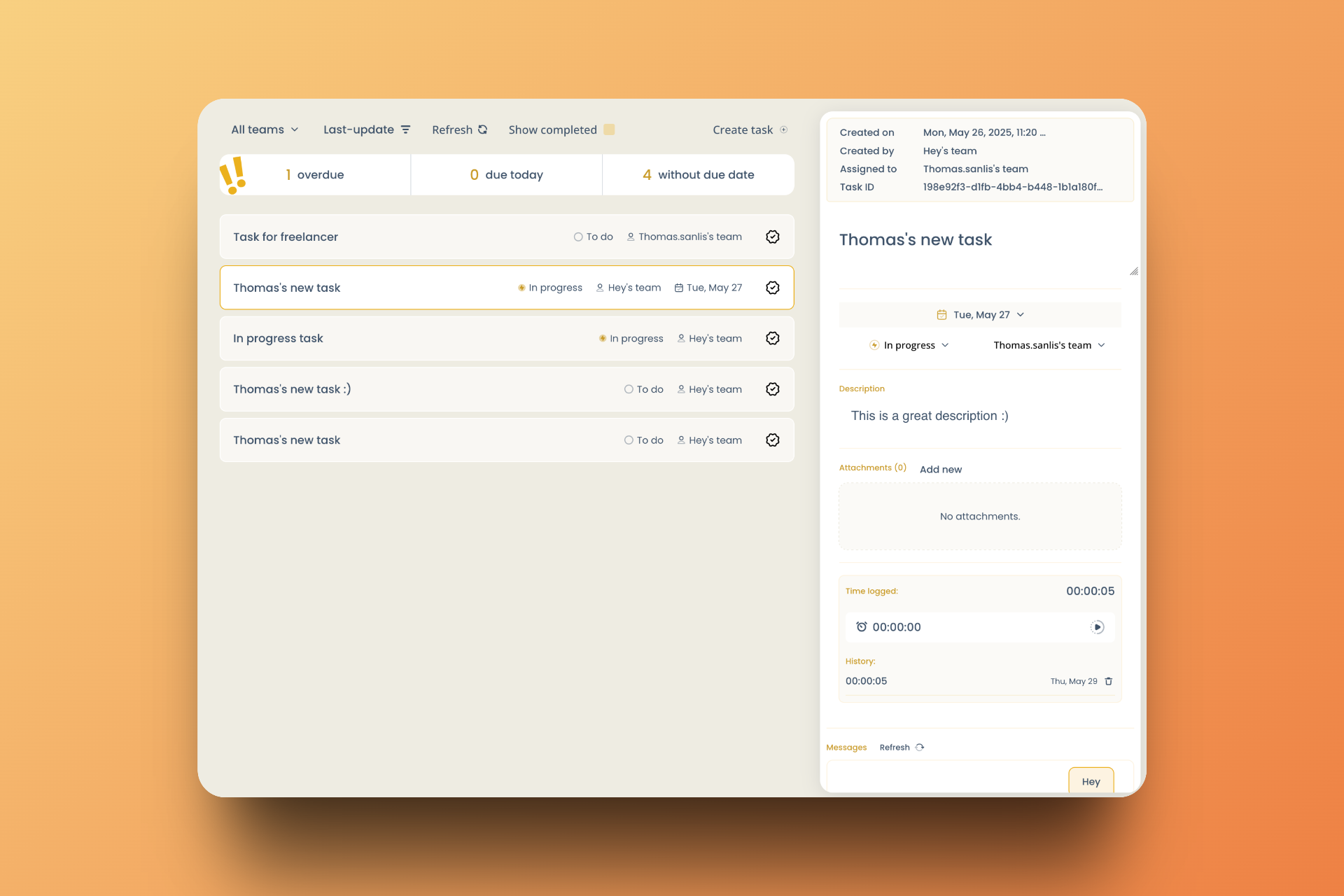 Task management interface with built-in communication