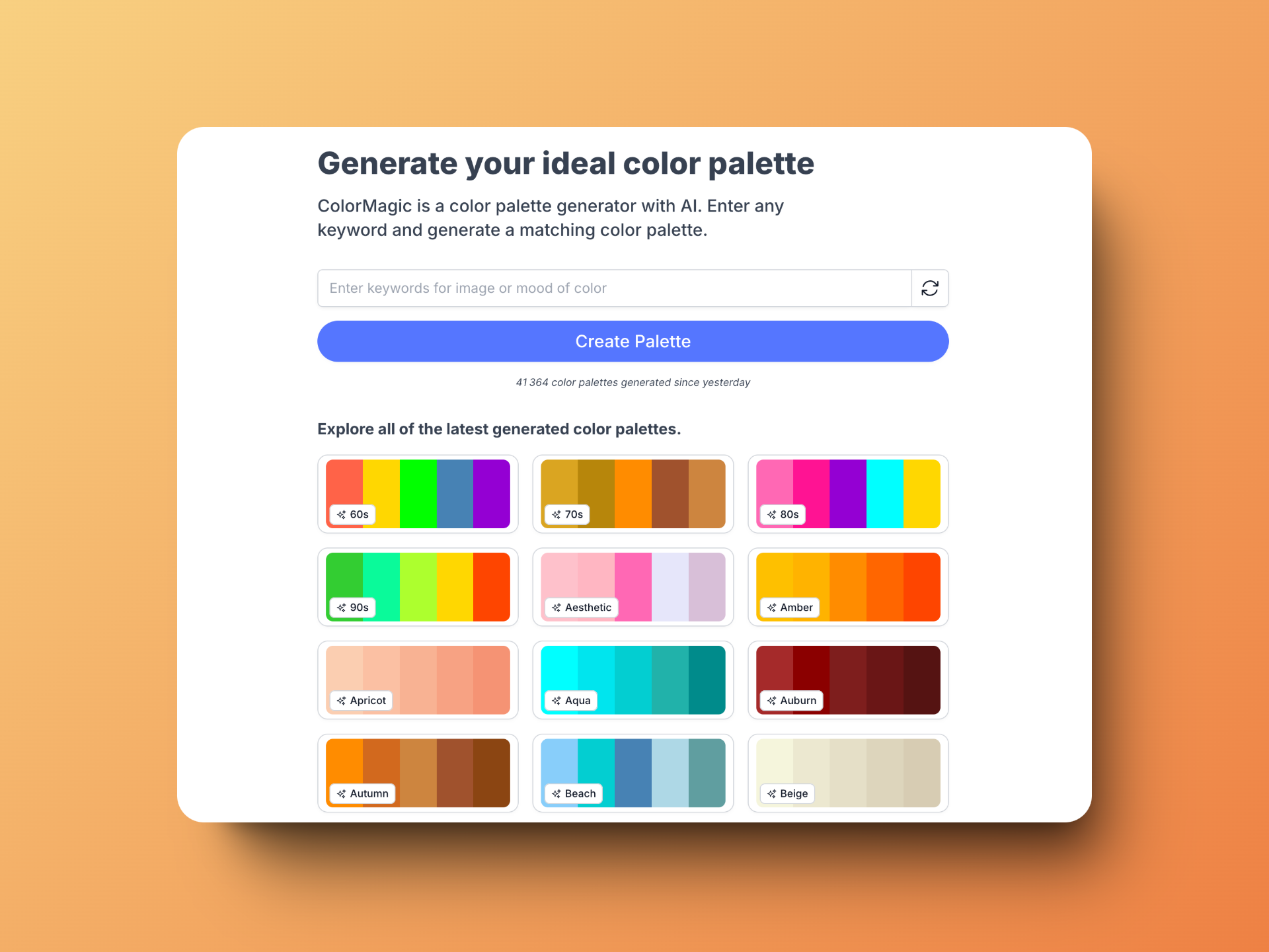 ColorMagic homepage showing palette families