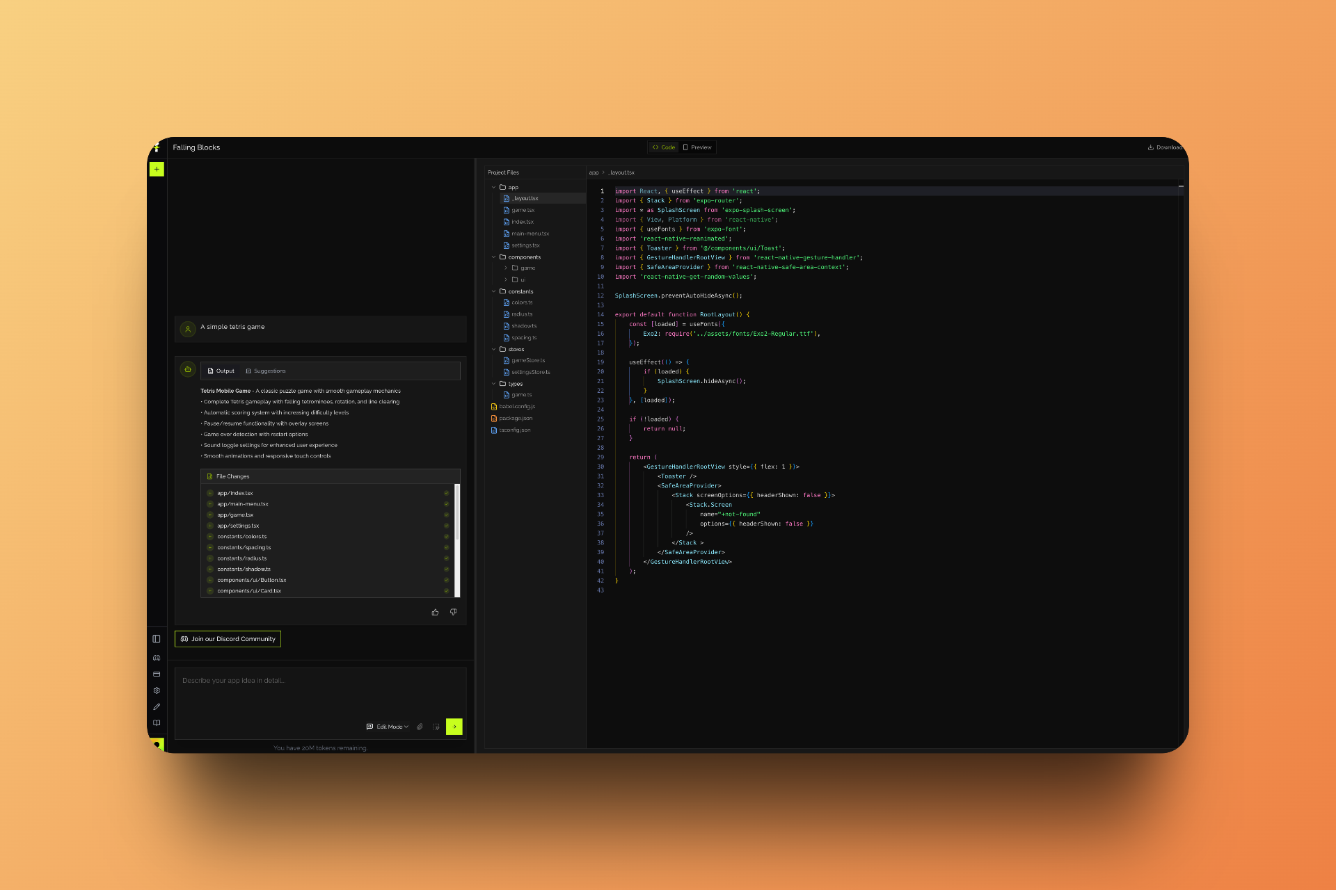 FlexApp's development environment with the generated Tetris game