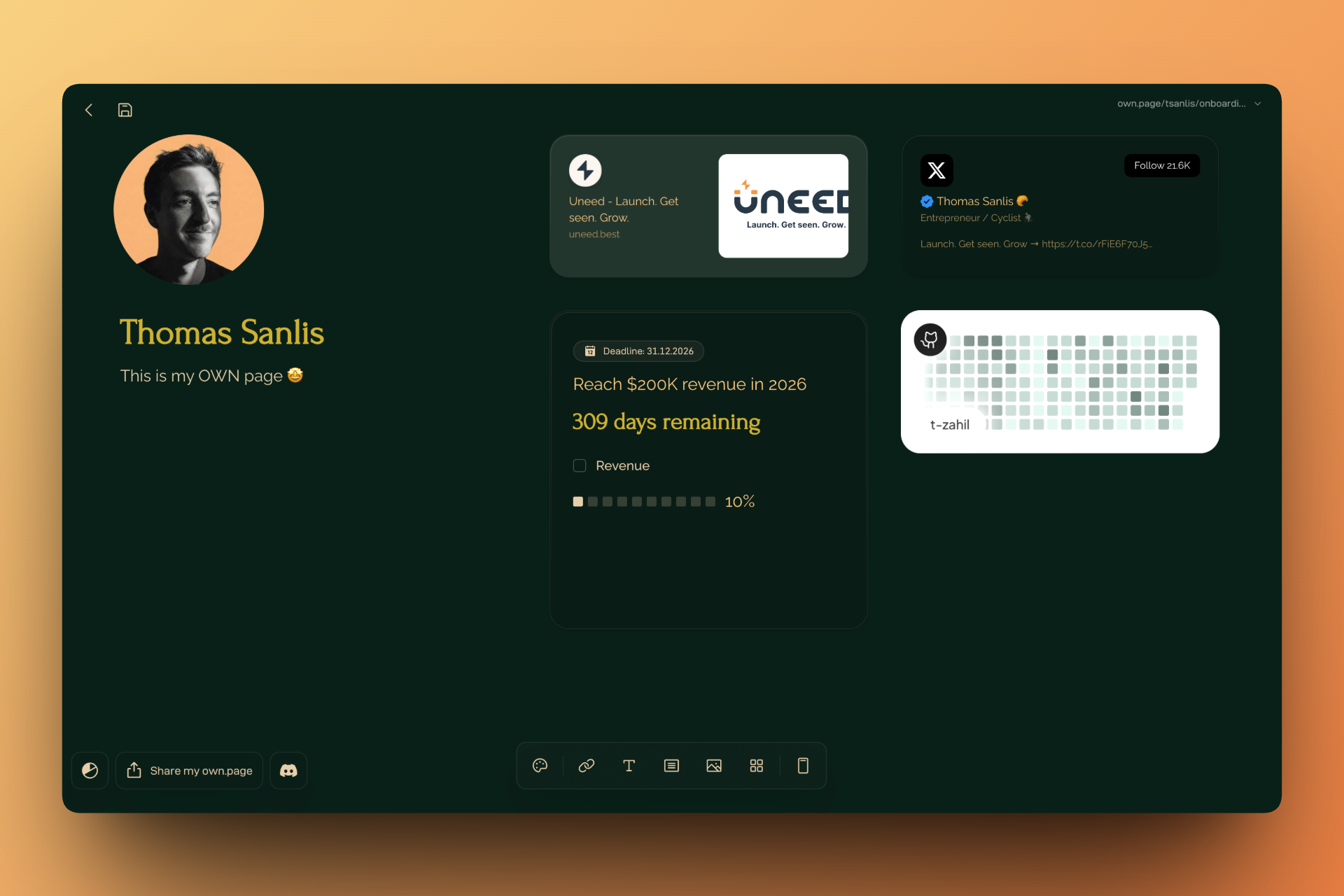 My completed Own.page with profile, links, embeds, and goal tracking
