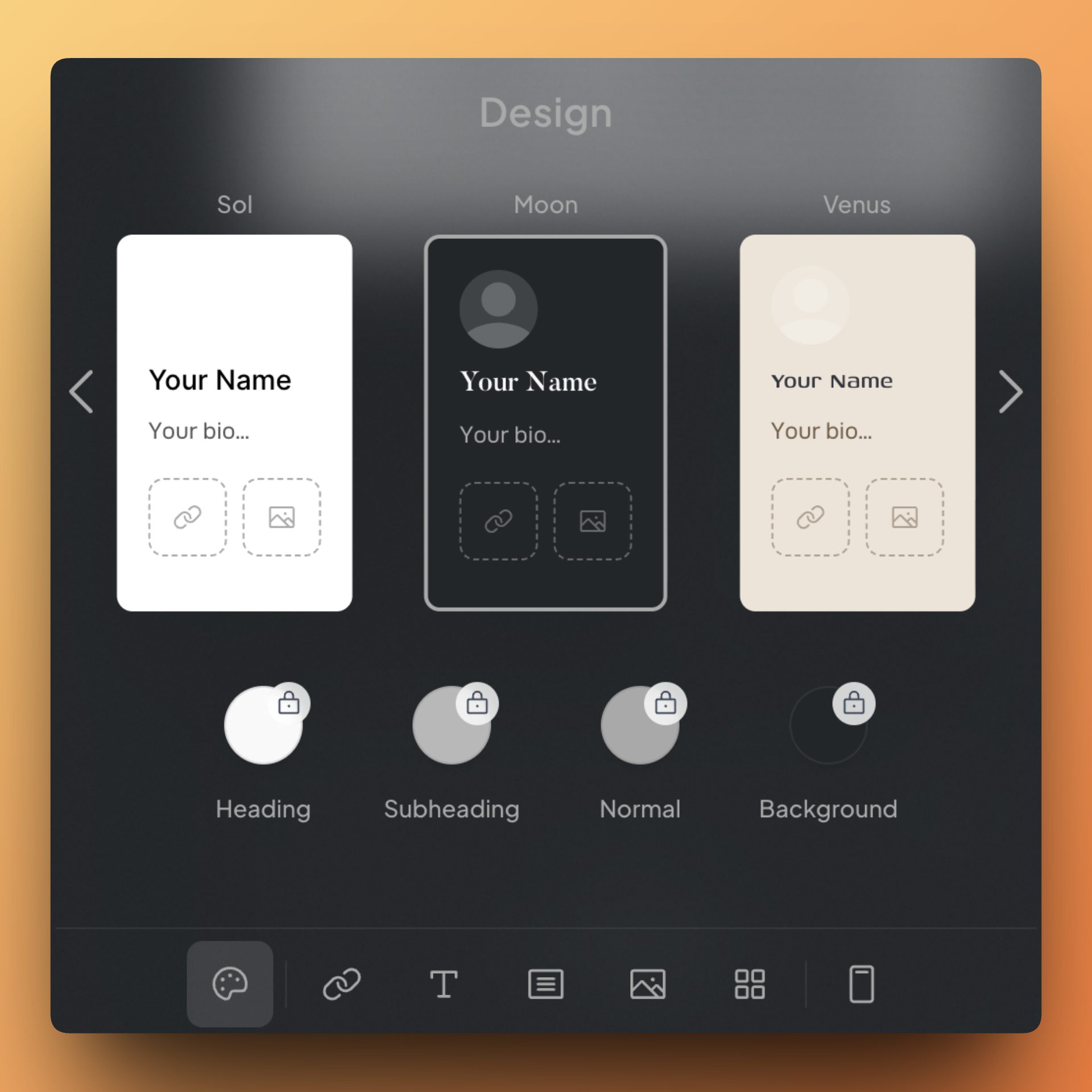 The design panel to choose your own theme