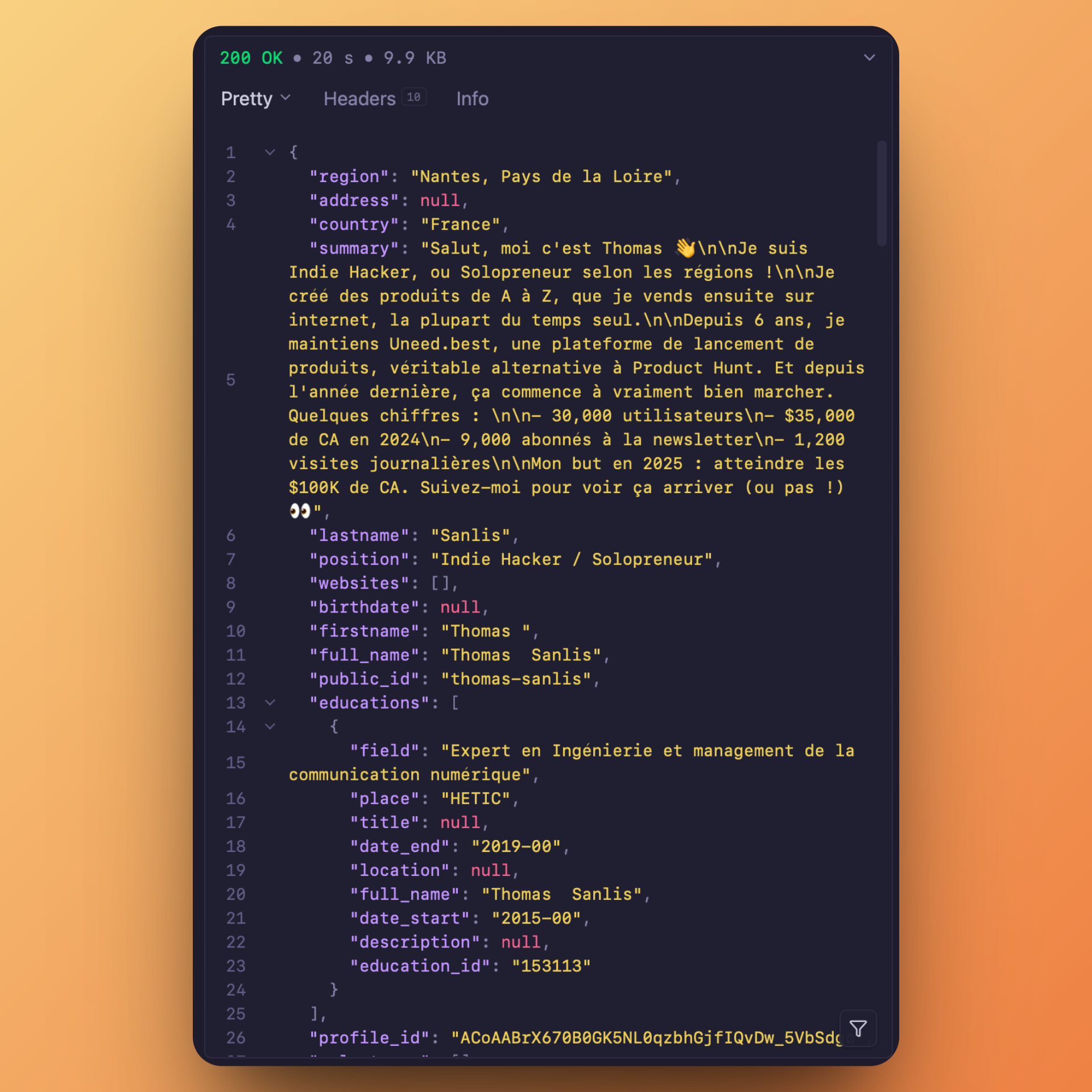 JSON data returned from the LinkedIn scraper