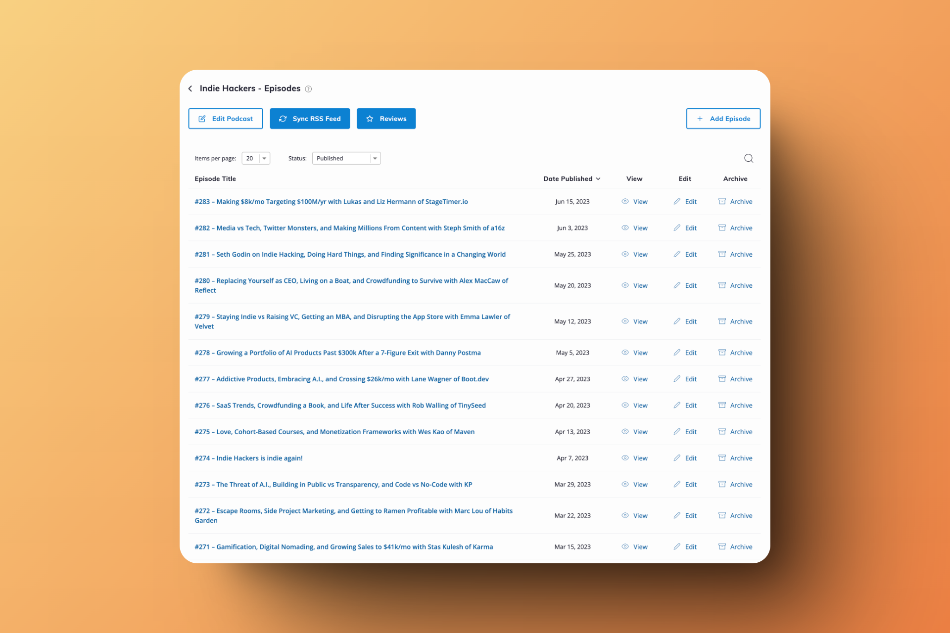 Automatically imported episodes with titles, dates, and management options