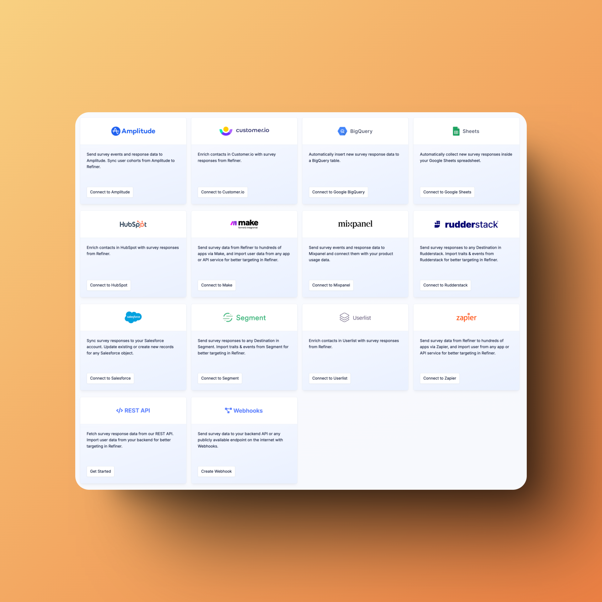 Extensive integration options to connect Refiner with your existing tech stack