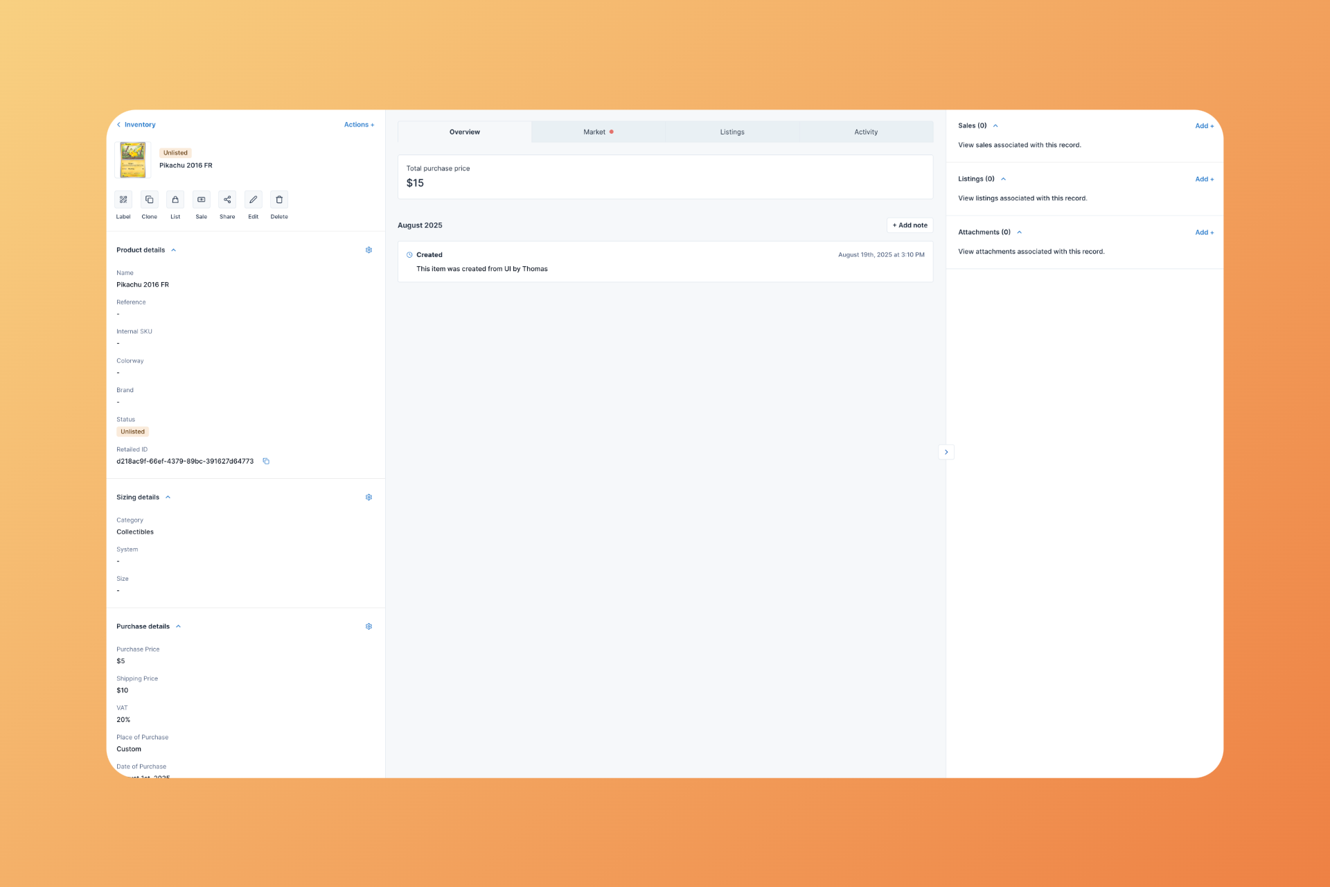 Detailed product view with comprehensive tracking and history