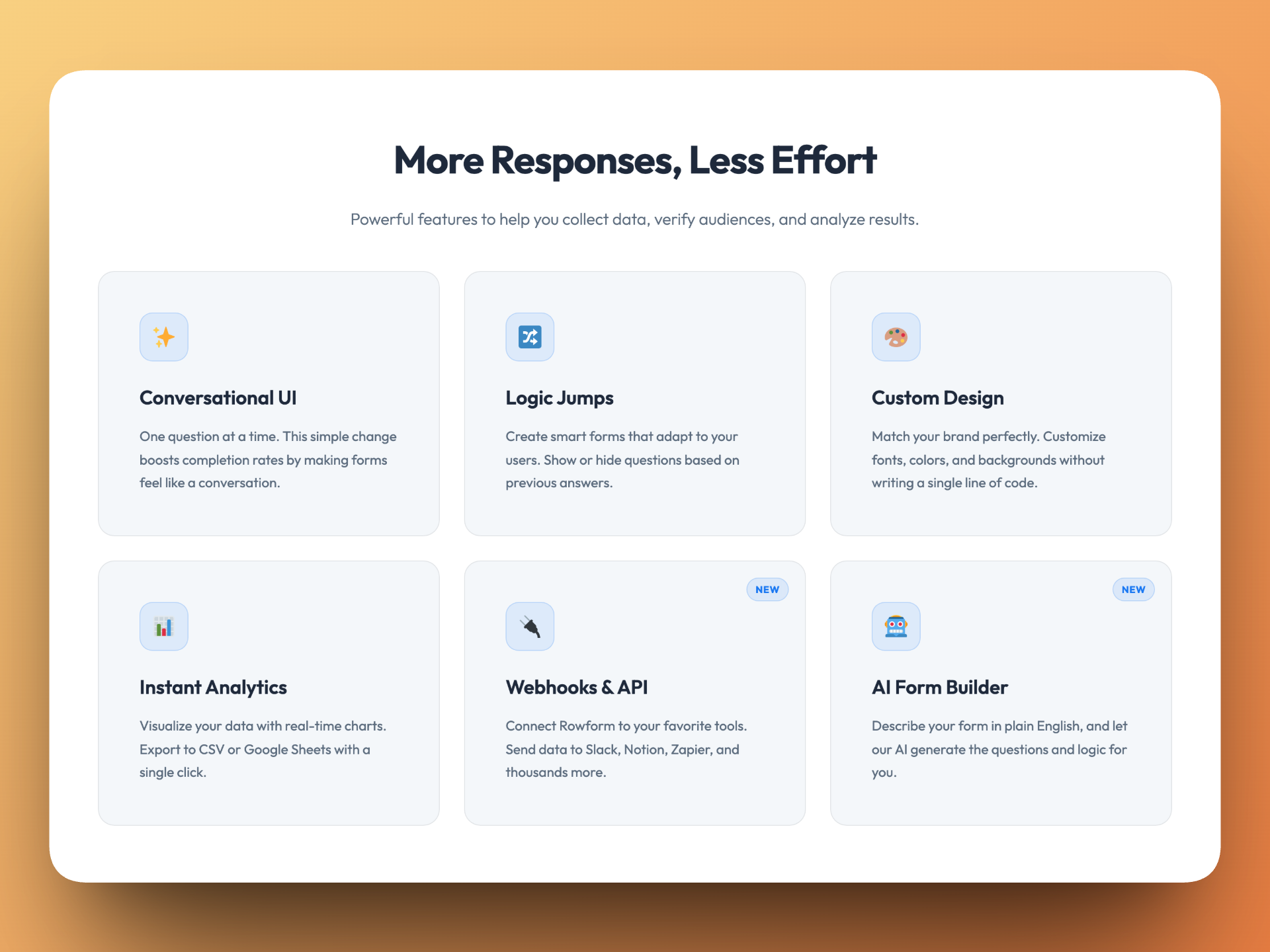 Feature section highlighting conversational UI, logic jumps, webhooks, and the AI form builder.