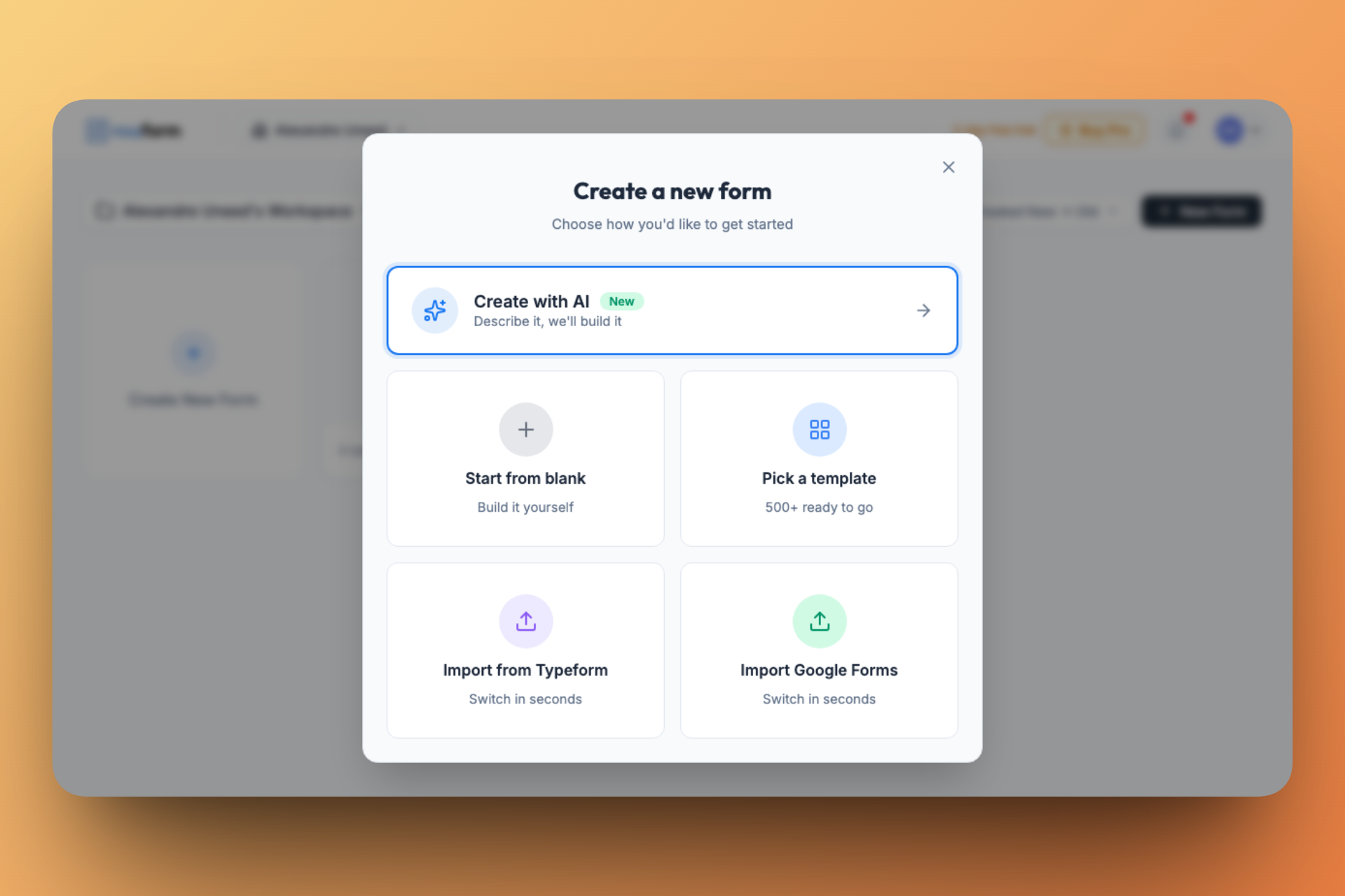 The logged-in creation flow offers AI, blank forms, templates, and import options in one place.