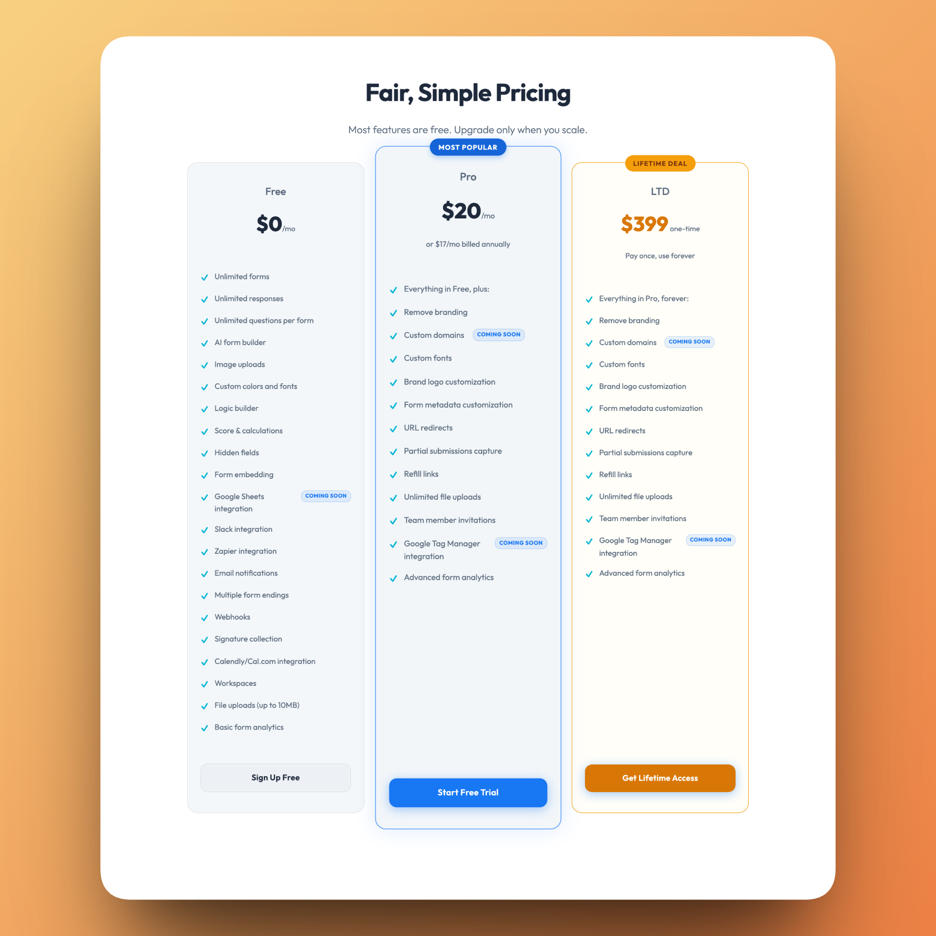 Pricing section with a generous free plan, a simple $20/month Pro tier, and a $399 lifetime deal.