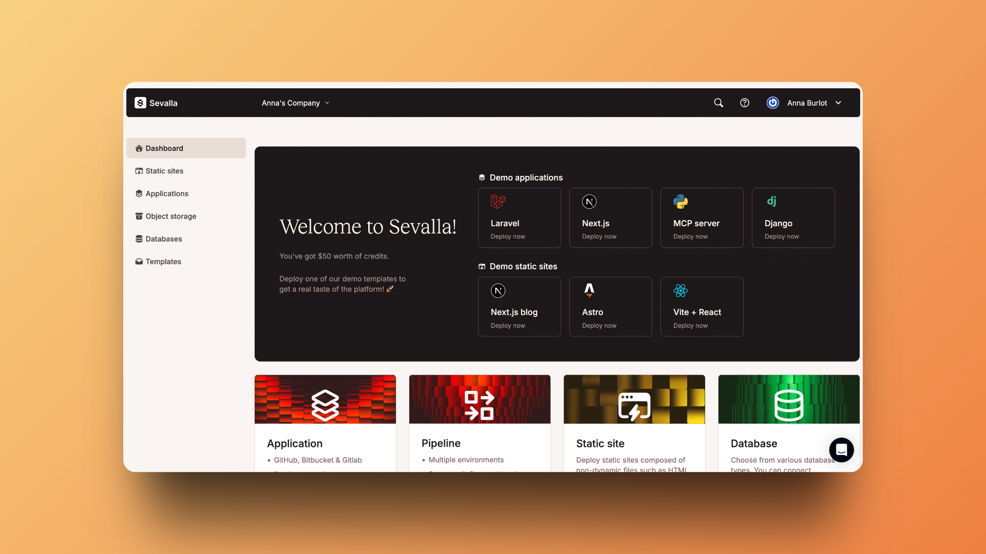 Sevalla's clean dashboard welcoming us with $50 in credits