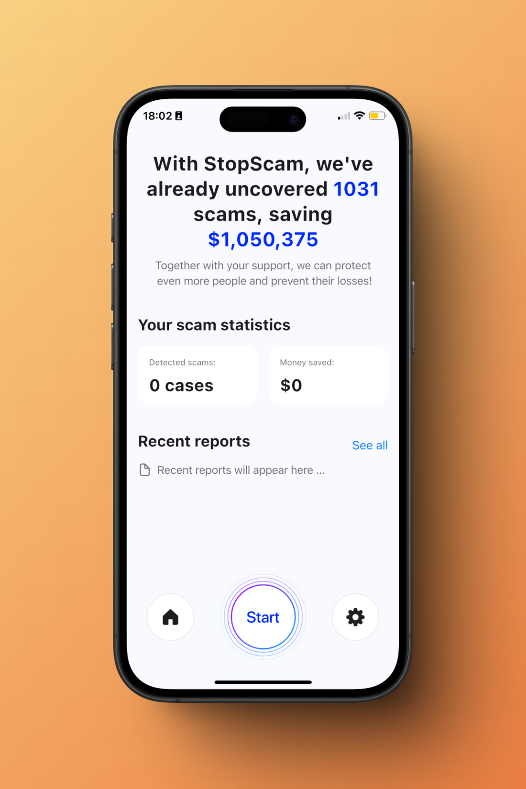 StopScam's main dashboard with global and personal protection stats