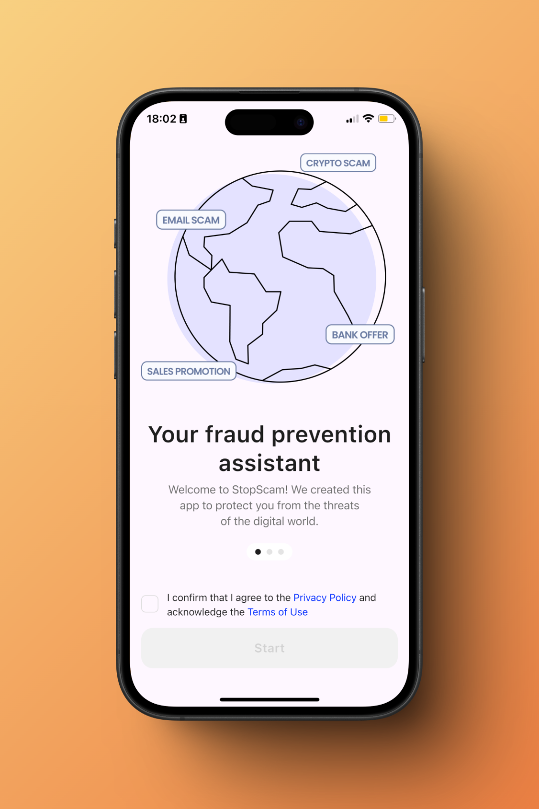 StopScam's welcoming onboarding screen