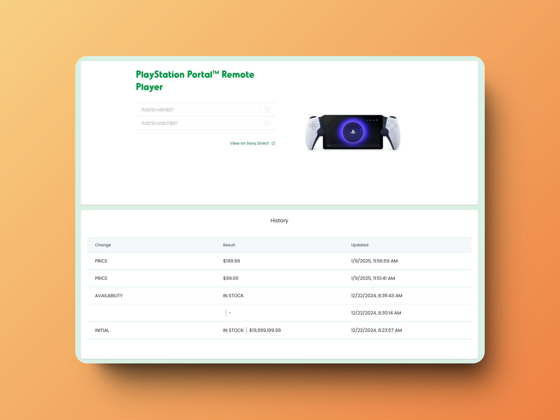 Detailed product tracking history showing price changes and availability