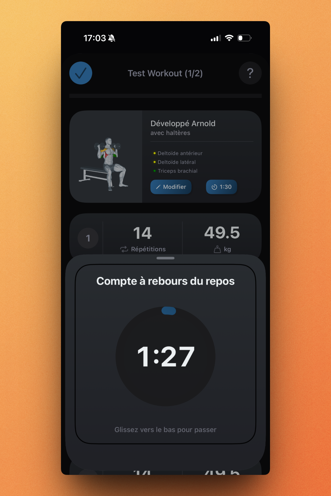 Active workout with rest timer countdown
