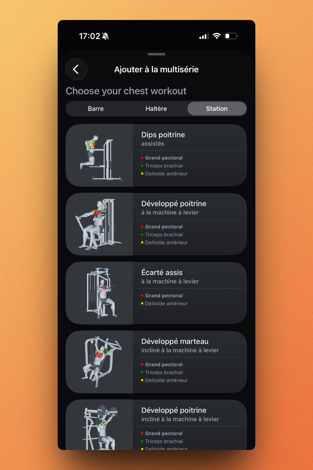 Exercise selection filtered by equipment type